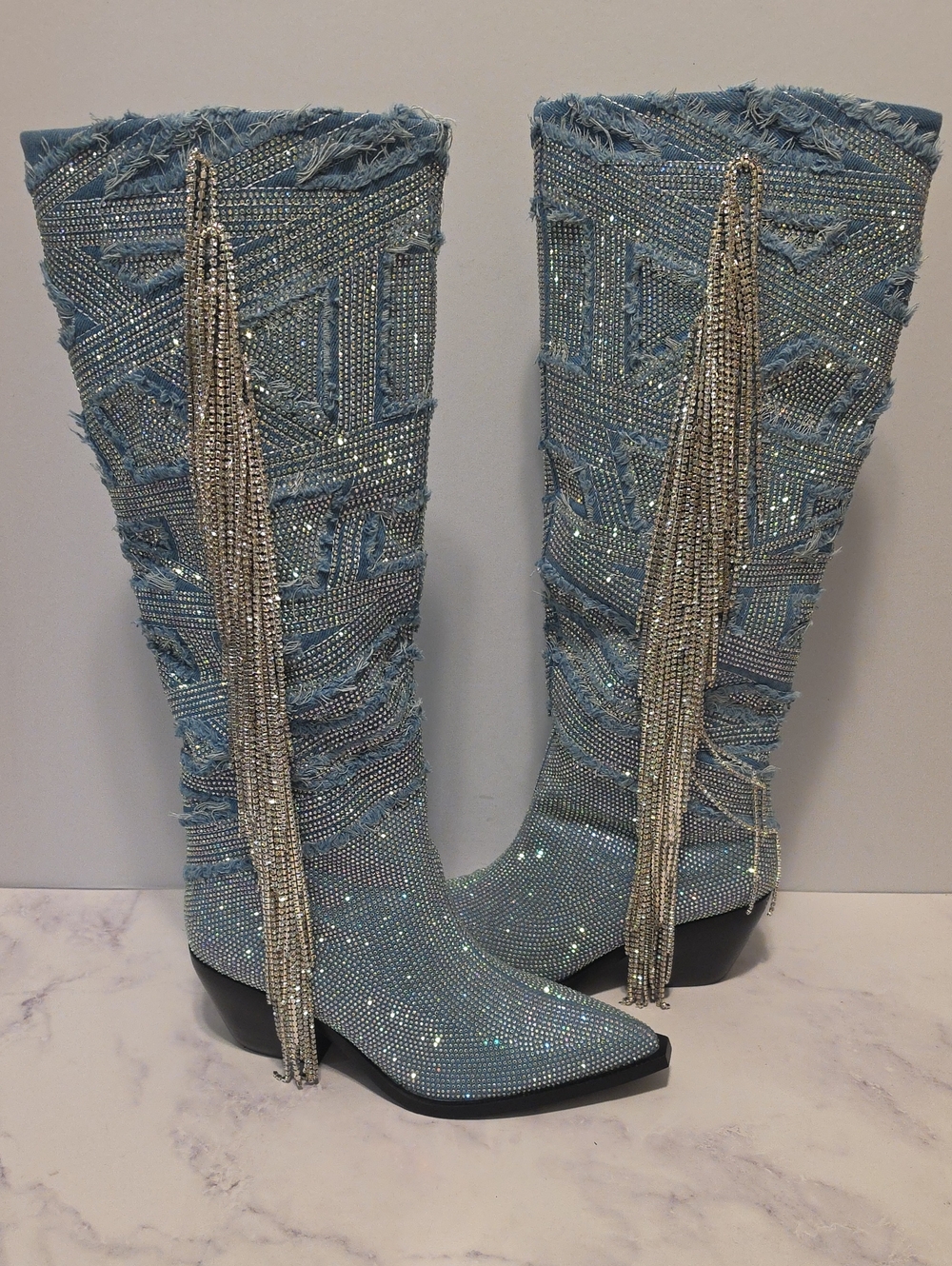 Azalea Wang Domingo Pointed Toe Sparkling Denim Knee-High Boots